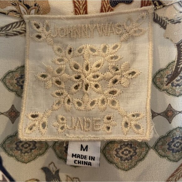 Johnny Was Jade Cruz Maxi Dress Boho 100% Silk Tie Waist Cream Blue Medium M - Picture 3 of 8